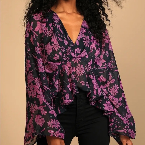 Lulus Tops - Midnight Blue Floral Print Long Sleeve Top